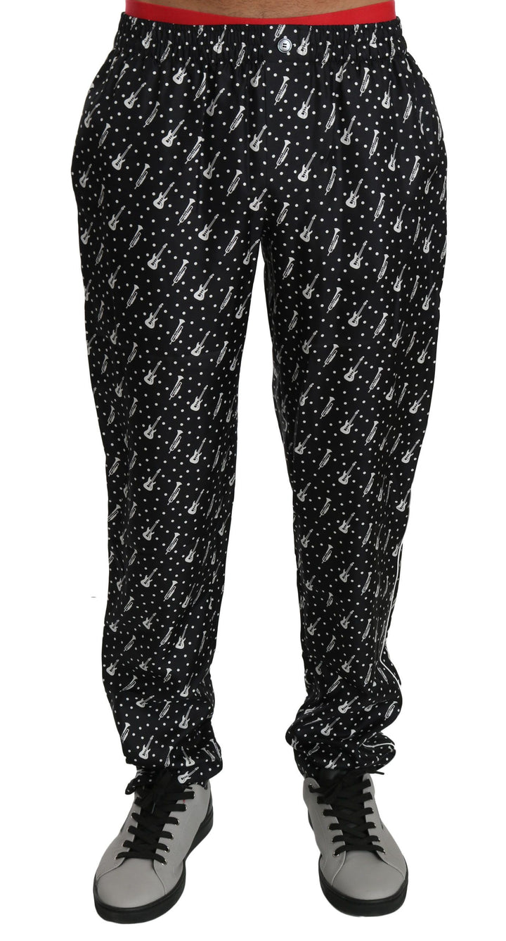 Dolce & Gabbana Elegant Black Musical Instrument Print Silk Pants