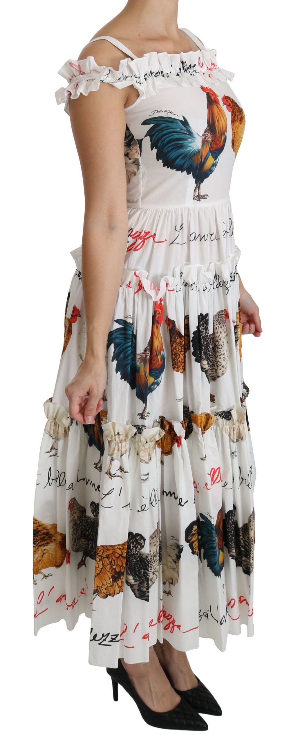 Dolce & Gabbana Elegant White Rooster Print Sheath Midi Dress