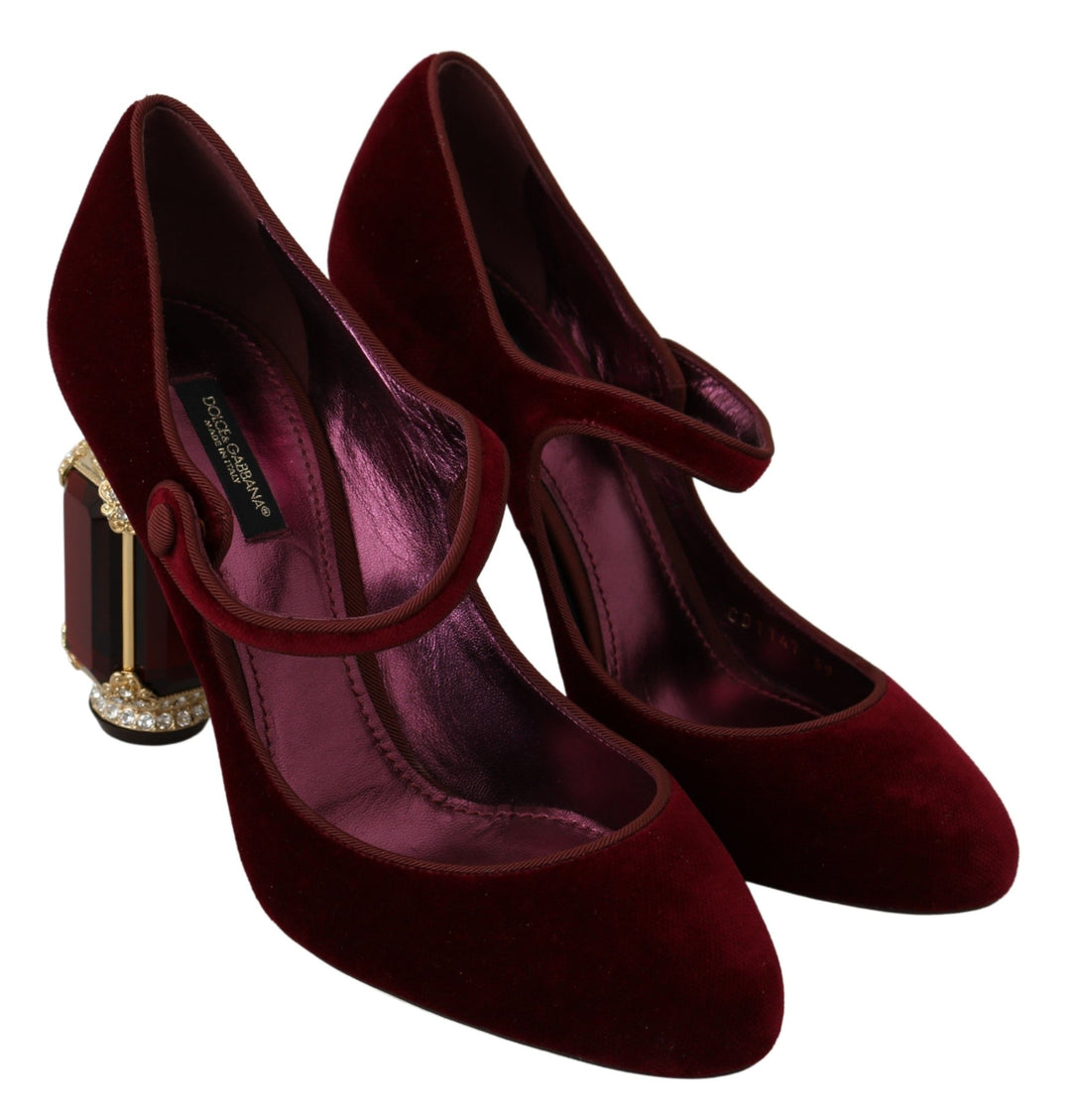 Dolce & Gabbana Red Velvet Crystal-Embellished Mary Janes Heels