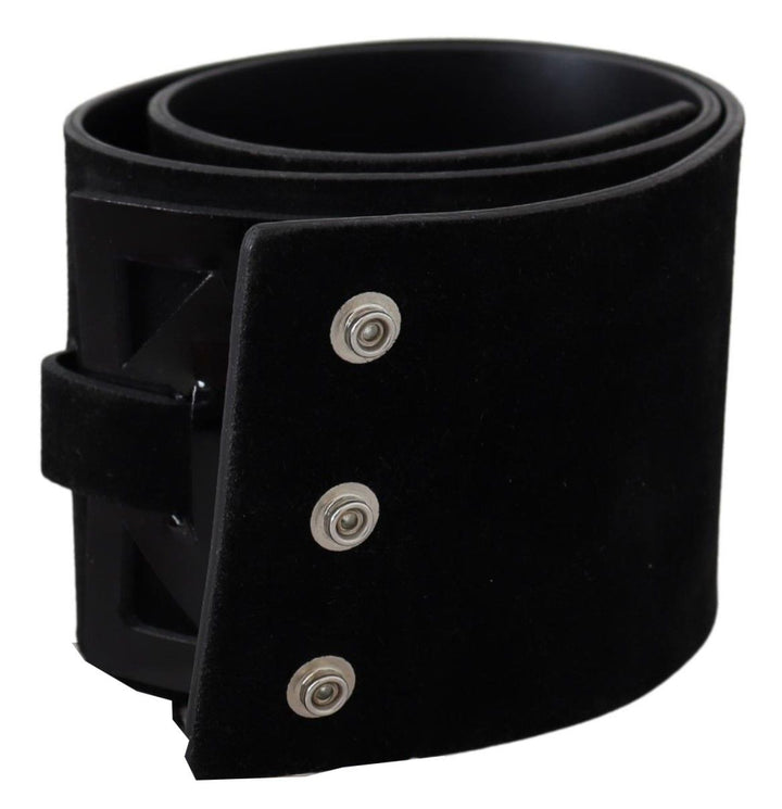 GF Ferre Elegant Black Leather Wide Belt with Silver Tone Buckle