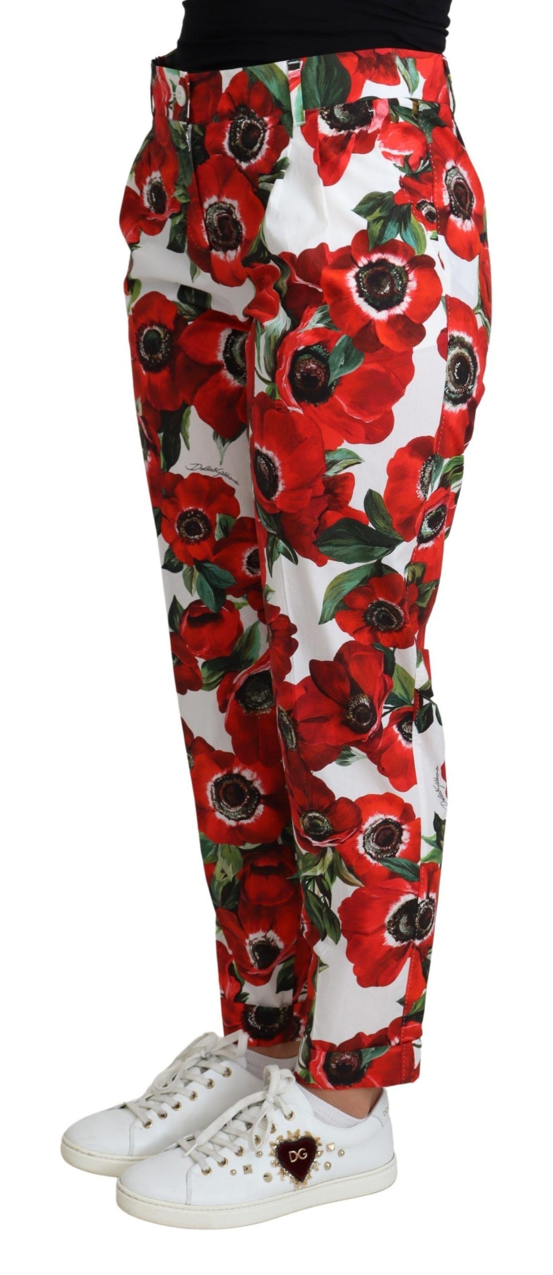 Dolce & Gabbana Elegant White Poppy Print Tapered Pants