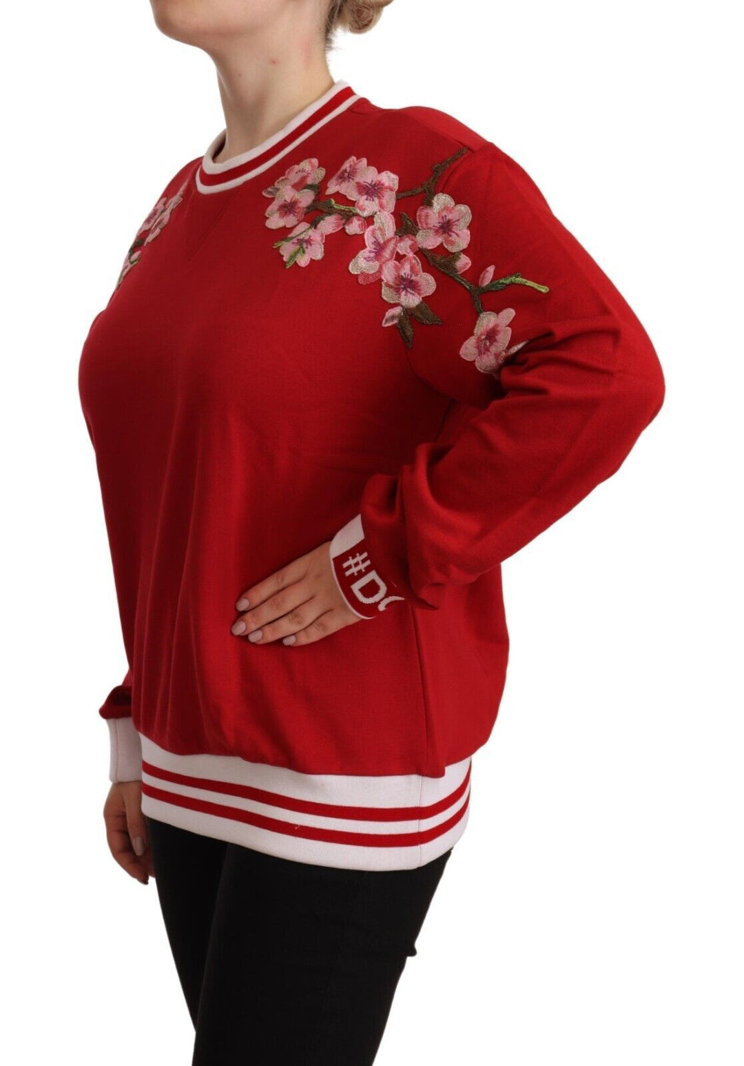 Dolce & Gabbana Elegant Red Crewneck Pullover with Floral Motif