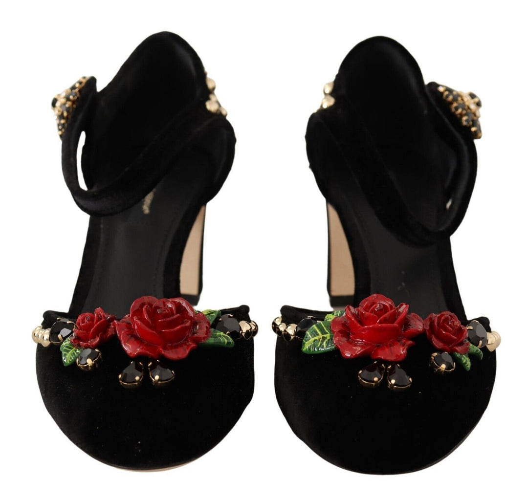 Dolce & Gabbana Elegant Velvet Studded Heels with Floral Accent