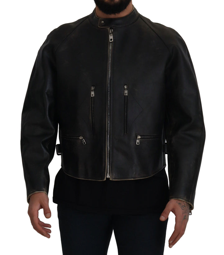 Dolce & Gabbana Elegant Black Leather Jacket with Silver Details