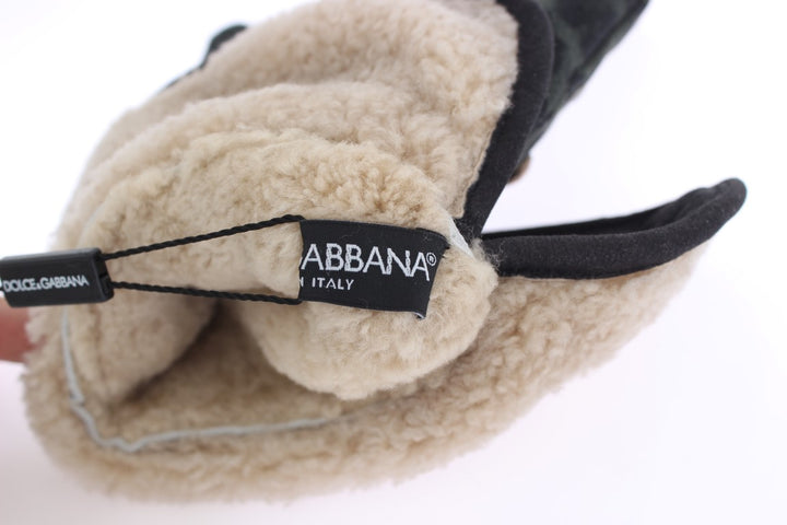 Dolce & Gabbana Elegant Studded Gray Wool Shearling Gloves