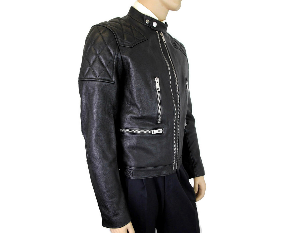 Burberry Men's Black Leather Diamond Quilted Biker Jacket