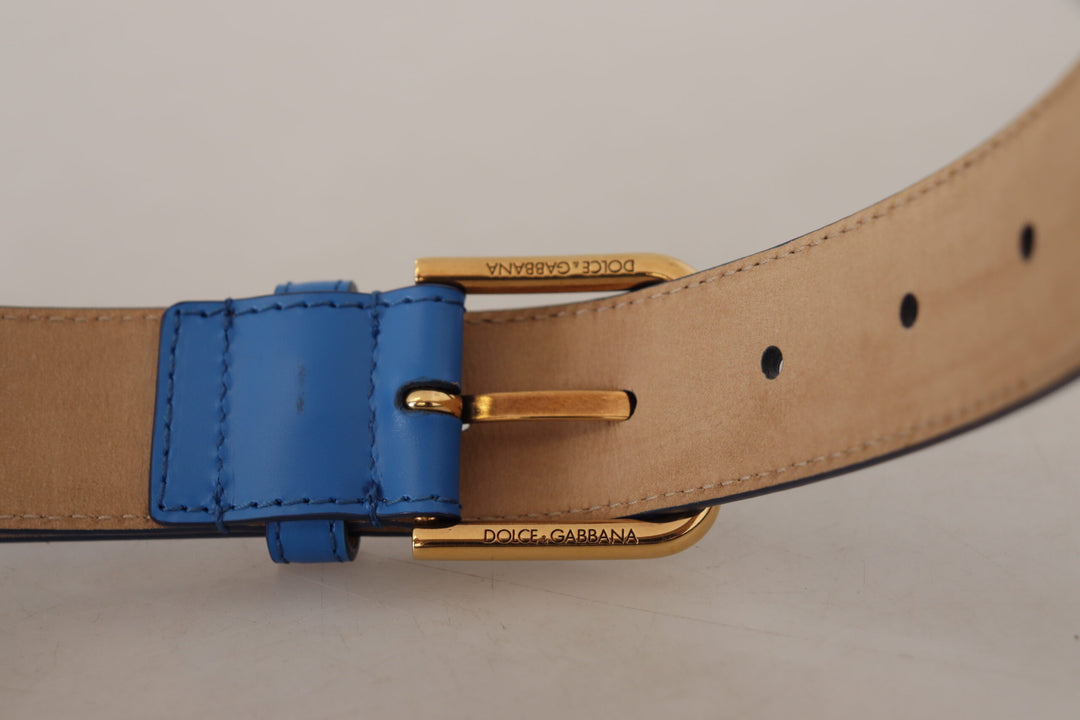 Elegant Blue Leather Belt with Engraved Buckle