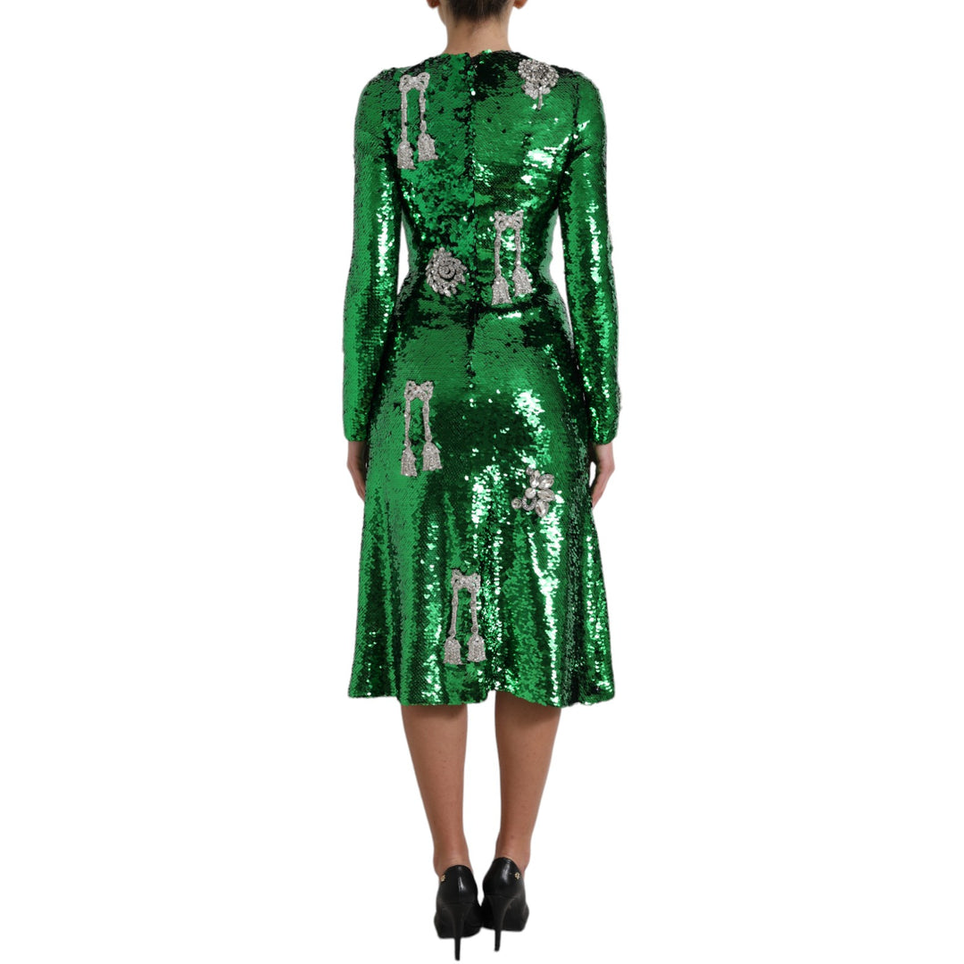 Dolce & Gabbana Elegant Below Knee Green Embroidered Dress