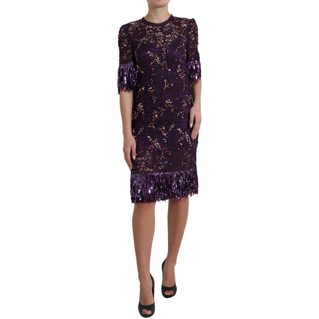 Dolce & Gabbana Elegant Purple Floral Lace Crystal Dress