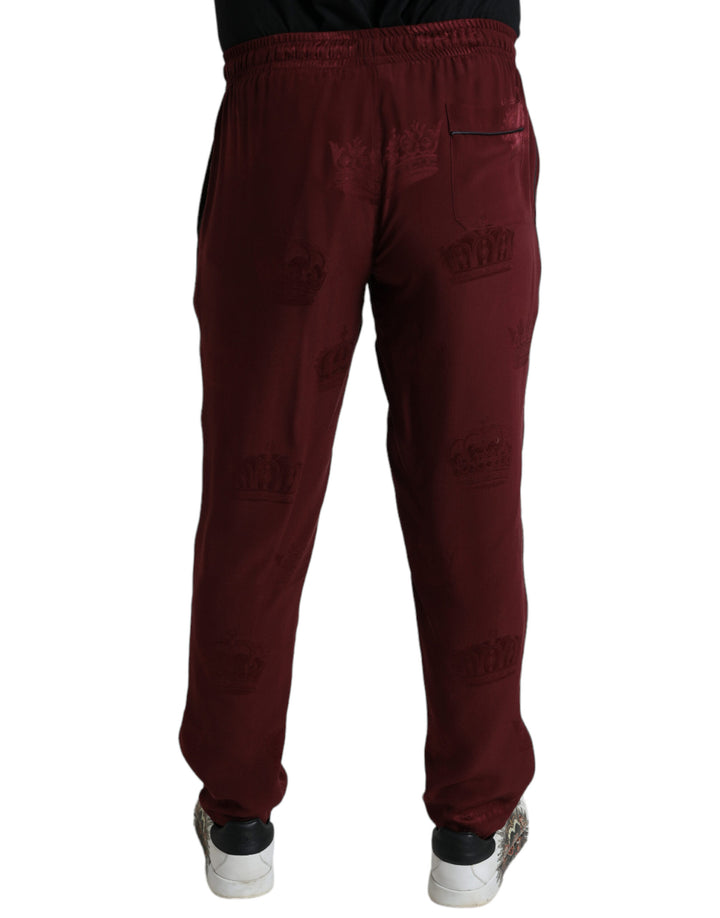 Dolce & Gabbana Elegant Maroon Silk Pajama Pants with Crown Motif