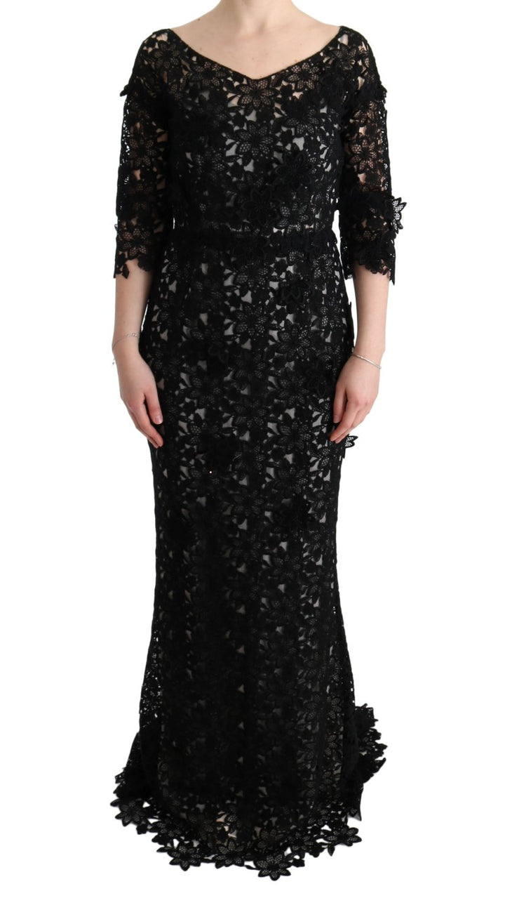 Dolce & Gabbana Elegant Black Maxi Shift Dress with Floral Applique