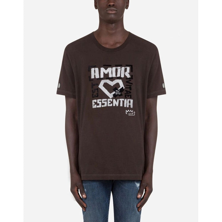 Dolce & Gabbana Elegant Brown Cotton Tee with Iconic Print