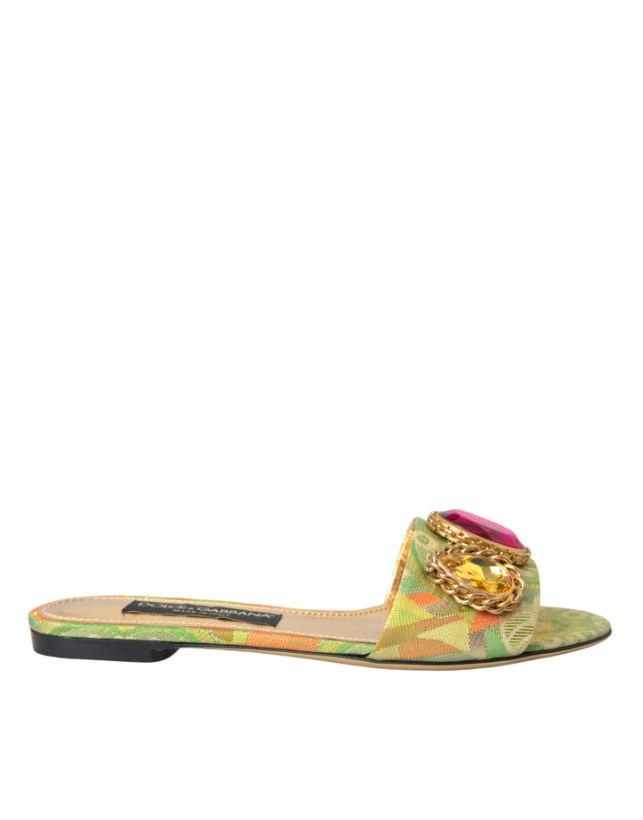 Dolce & Gabbana Green Crystal Jacquard Flats Sandals Shoes