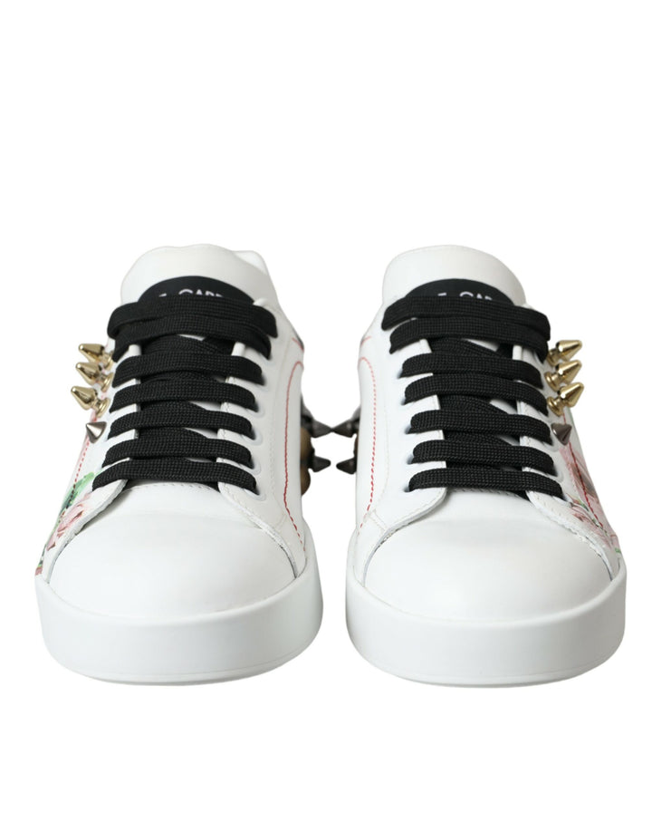 Dolce & Gabbana White Leather Crystal Roses Floral Sneakers Shoes