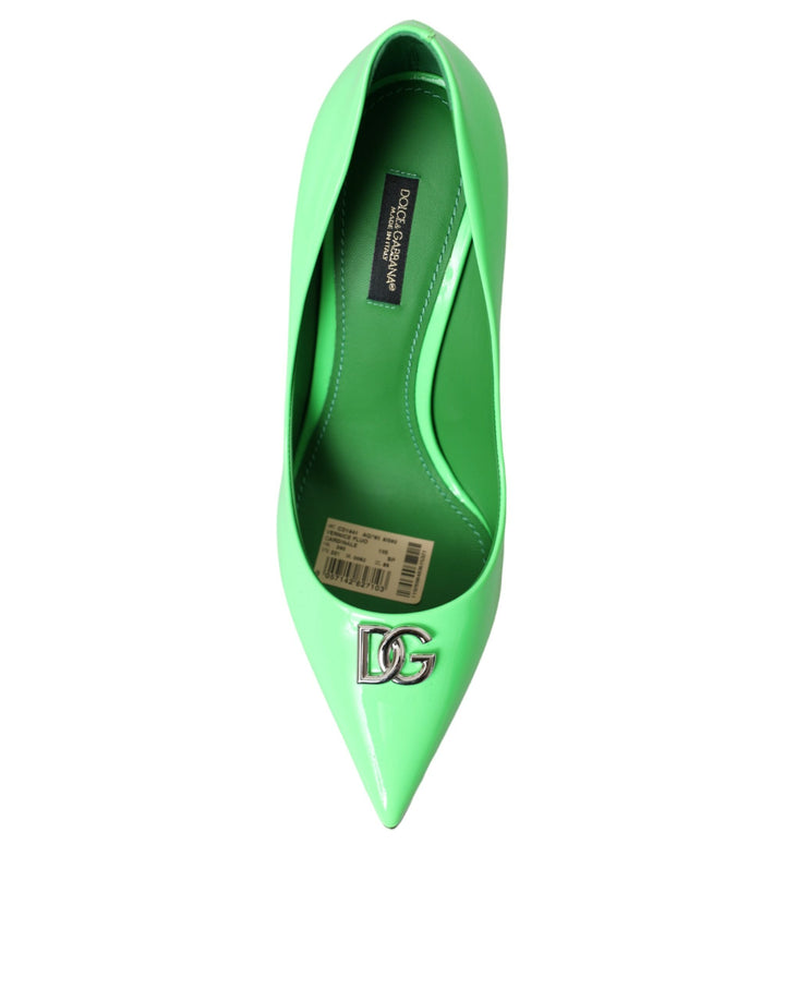 Dolce & Gabbana Neon Green Patent Leather Logo Pumps Shoes