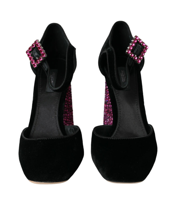 Dolce & Gabbana Black Velvet Strass Crystal Mary Janes Shoes