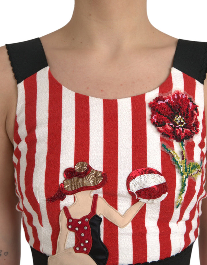 Dolce & Gabbana Red White Floral Sleeveless Sheath Midi Dress