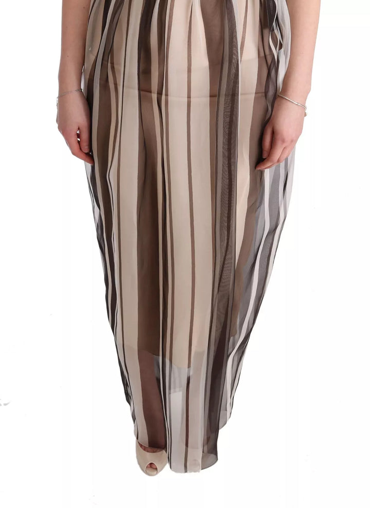 Dolce & Gabbana Beige Brown Striped Silk Sheath Dress