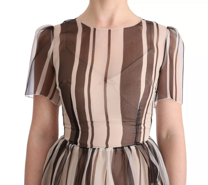 Dolce & Gabbana Beige Brown Striped Silk Sheath Dress