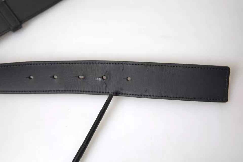 Dolce & Gabbana Black Leather Silver Rectangle Buckle Belt