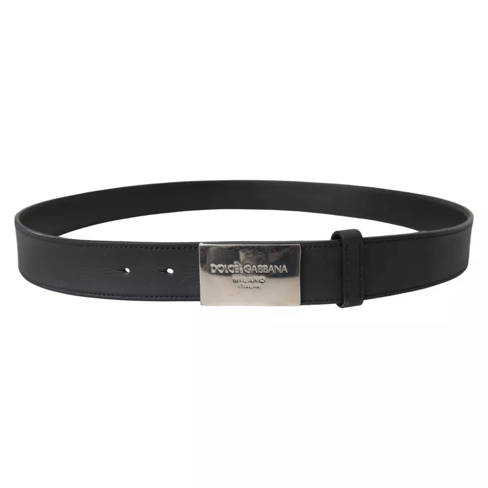 Dolce & Gabbana Black Leather Silver Rectangle Buckle Belt