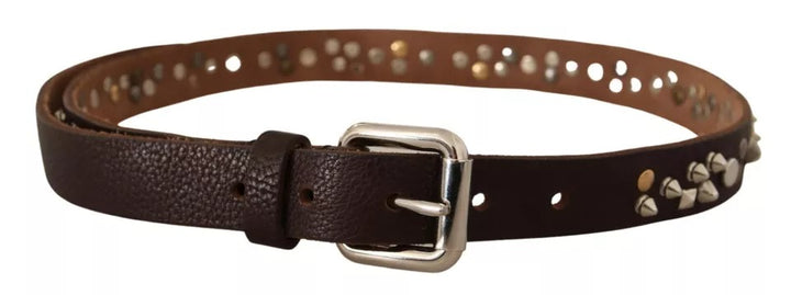 Dolce & Gabbana Brown Leather Studded Silver Metal Buckle Belt