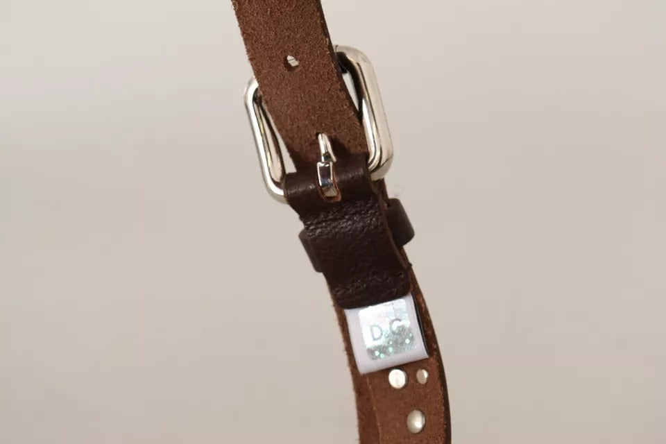 Dolce & Gabbana Brown Leather Studded Silver Metal Buckle Belt