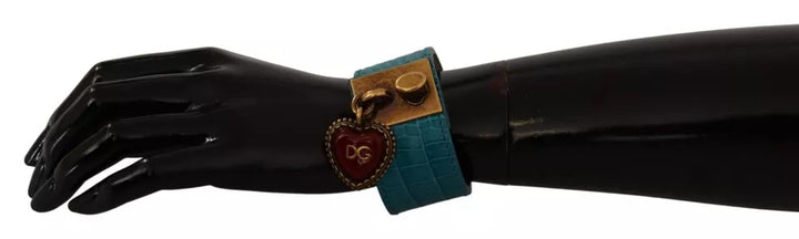 Dolce & Gabbana Blue Leather Gold DG Heart Pendant Wide Bracelet