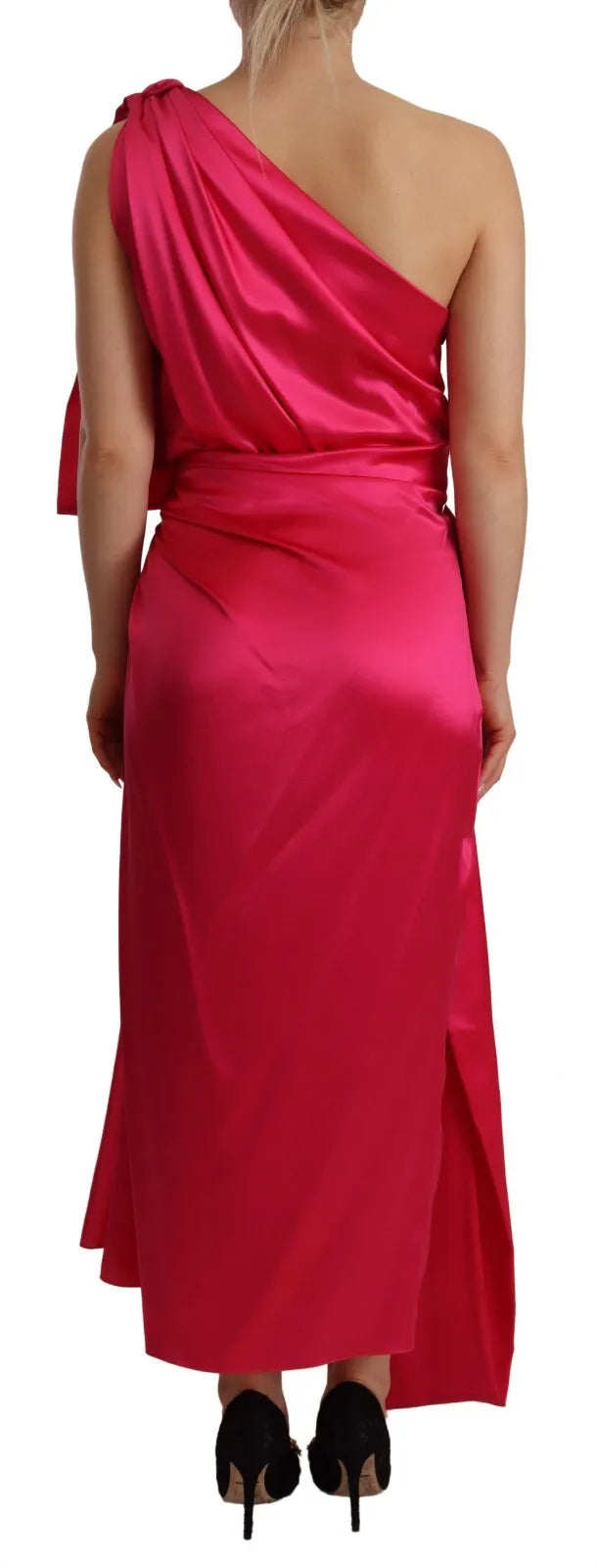 Dolce & Gabbana Silk Pink Fitted Cut One Shoulder Midi Dress