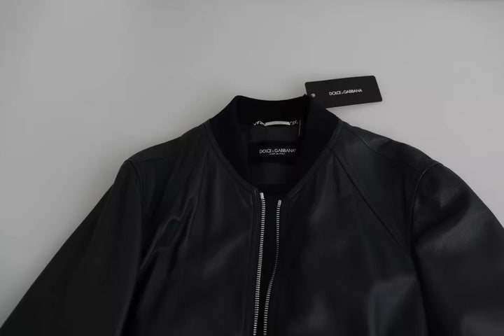 Dolce & Gabbana Black Leather Full Zip Men Bomber Jacket