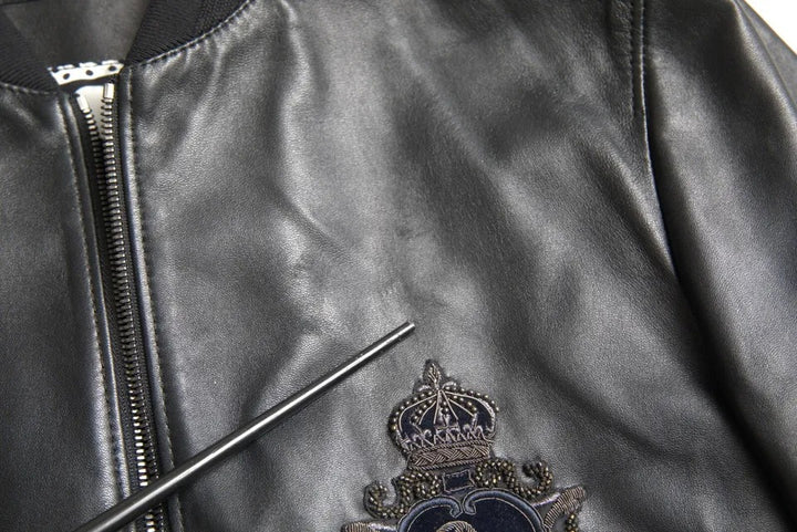 Dolce & Gabbana Black Leather Logo Embroidery Full Zip Jacket