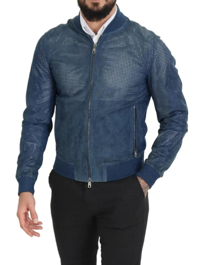 Dolce & Gabbana Blue Leather Perforated Full Zip Jacket