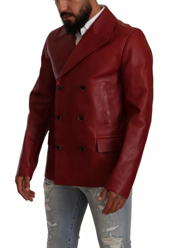 Dolce & Gabbana Red Double Breasted Leather Coat Jacket