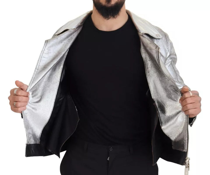 Dolce & Gabbana Silver Leather Biker Coat Lambskin Jacket