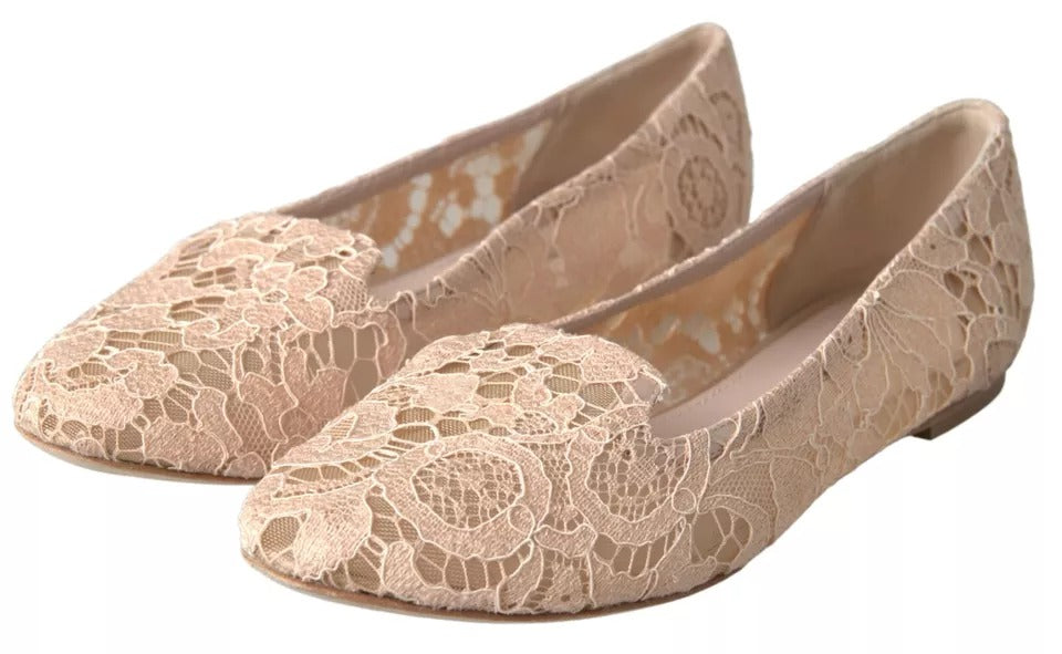 Dolce & Gabbana Beige Floral Lace Loafers Flats Shoes