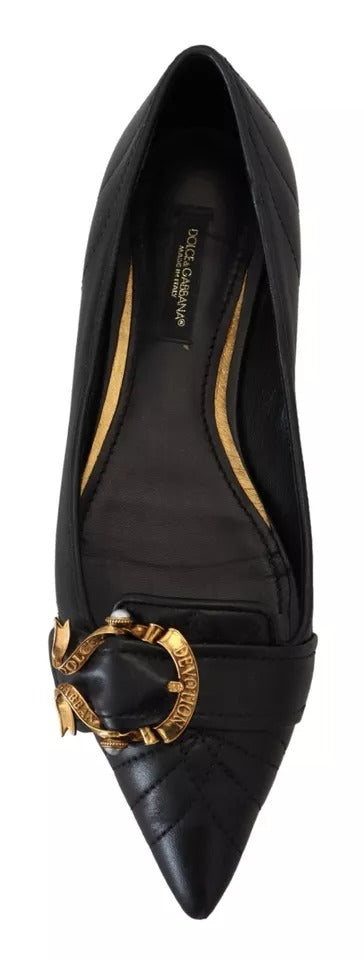 Dolce & Gabbana Black Devotion Leather Pointy Flats Shoes