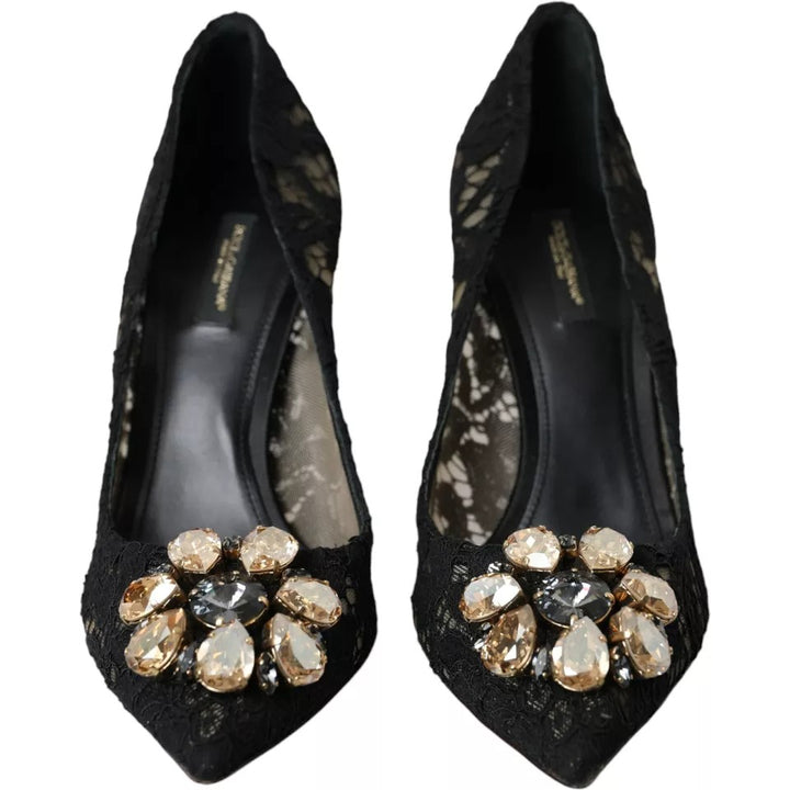 Dolce & Gabbana Black Taormina Lace Crystal Heel Pumps Shoes