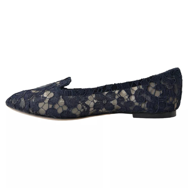 Dolce & Gabbana Dark Blue Taormina Lace Slip On Flats Shoes