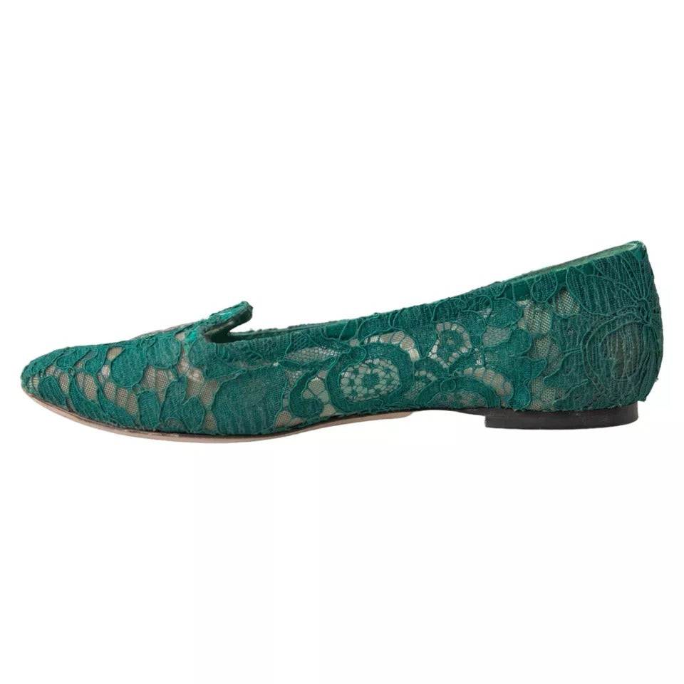 Dolce & Gabbana Green Taormina Lace Slip On Flats Shoes