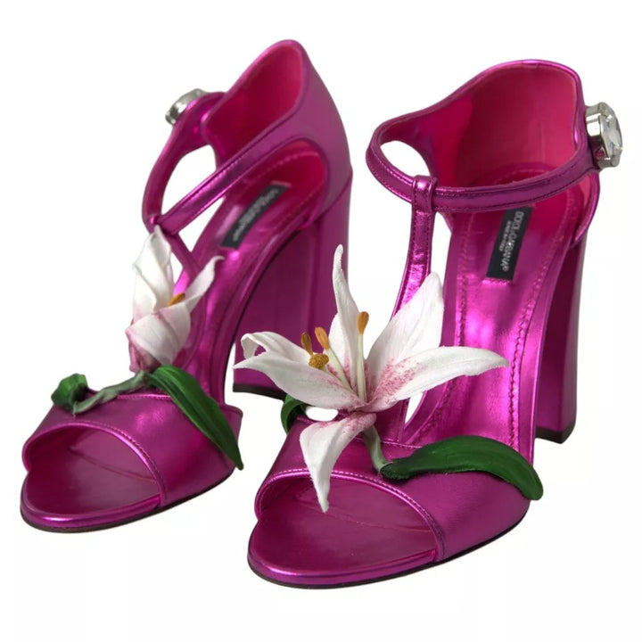 Dolce & Gabbana Fuchsia Flower Crystals Heels Sandals Shoes