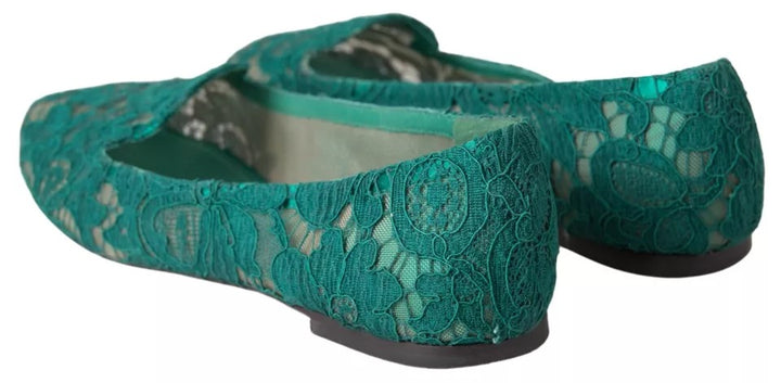 Dolce & Gabbana Green Floral Lace Loafers Flats Shoes