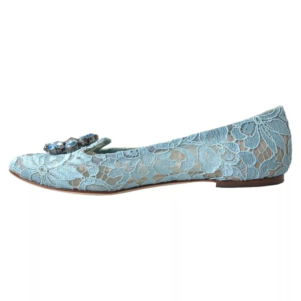 Dolce & Gabbana Blue Lace Crystal Ballet Loafers Shoes