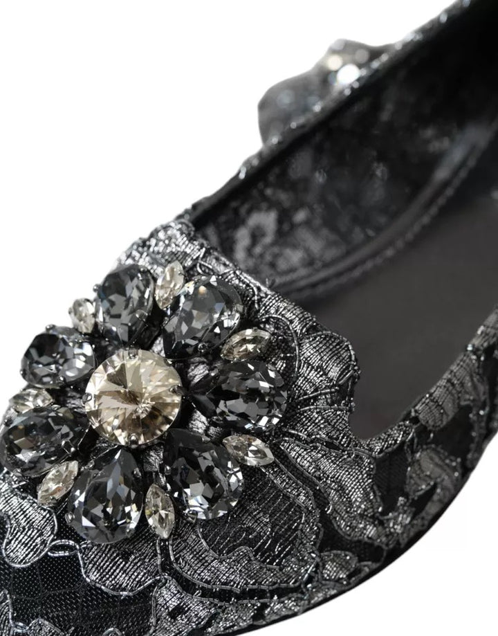 Dolce & Gabbana Gray Black Lace Crystal Ballet Loafers Shoes