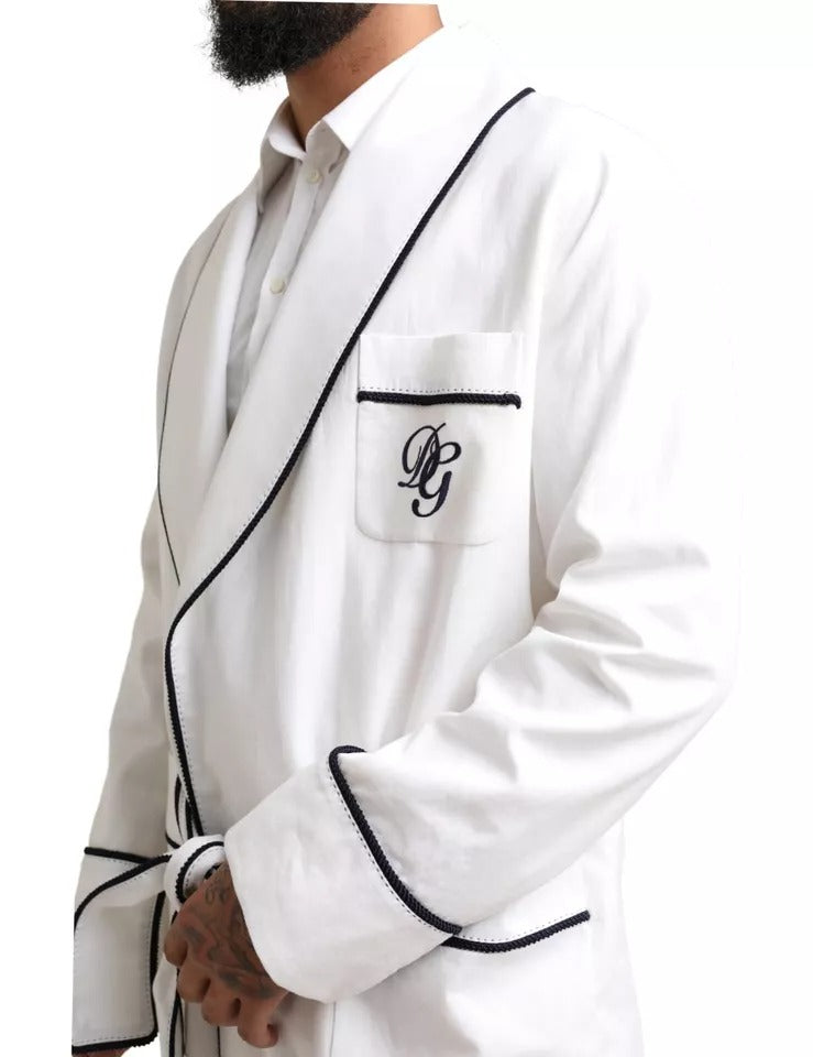 Dolce & Gabbana White Linen Belted Robe DG Logo Sleepwear