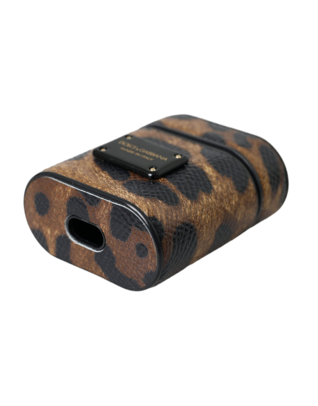 Dolce & Gabbana Brown Leopard Calf Leather Metal Logo Plaque Airpods Case