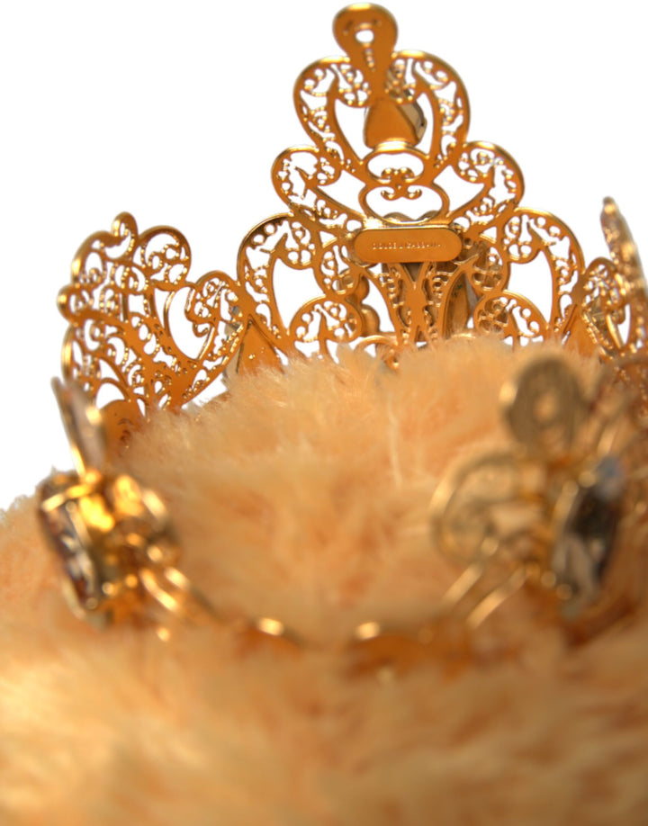 Dolce & Gabbana Brown Teddy Bear Gold Crystal Crown Hair Band Diadem