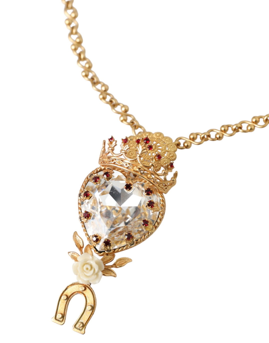 Dolce & Gabbana Gold Brass Chain Sacred Heart Crystal Charm Necklace