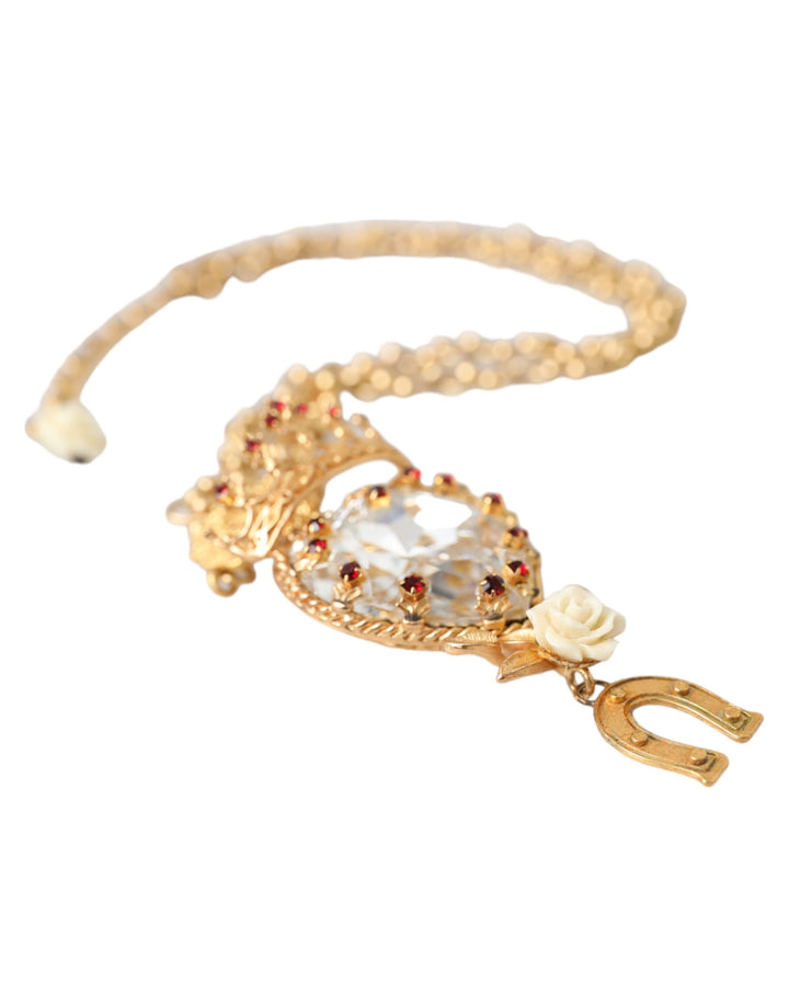 Dolce & Gabbana Gold Brass Chain Sacred Heart Crystal Charm Necklace