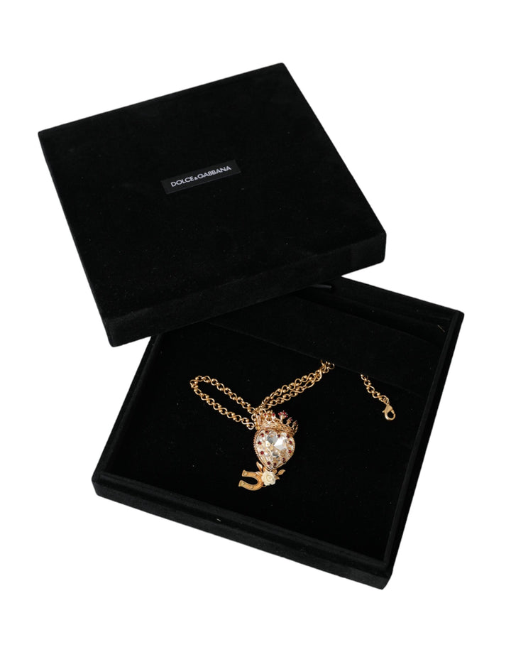 Dolce & Gabbana Gold Brass Chain Sacred Heart Crystal Charm Necklace