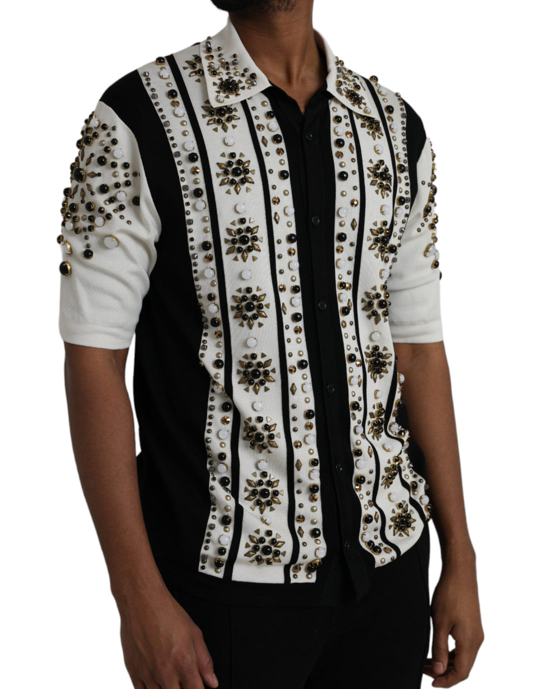 Dolce & Gabbana White Black Silk Studded Stone Crystal Shirt